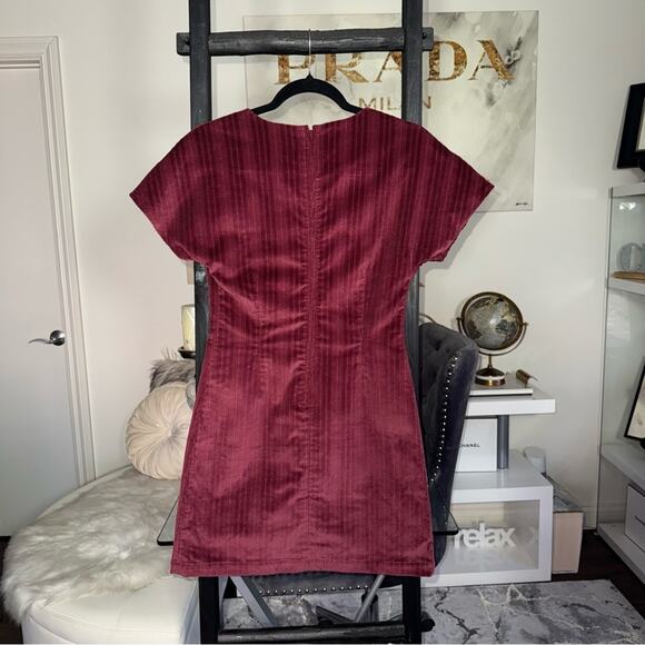Rouje Paris Auxane Velour Corduroy Short Mini Dress in Cerise Burgundy - Picture 10 of 12